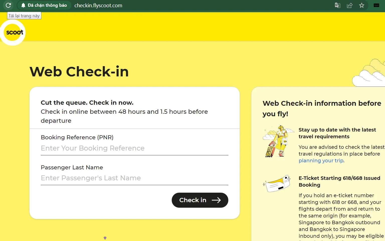 Check-in online trên trang web Scoot